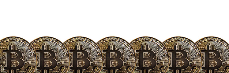 Bitcoin coins border isolated on white background. Crypto currency design. Banner with copy space.