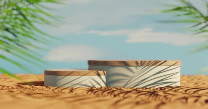 Podium mockup on gold sand realistic 3d animation blue sky, seashore shades paradise Palm leaves breeze swinging in the wind White Platform with light wood mockup background Maldives beach