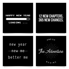 New year quotes template. 4 set, greetings, wishes, message, black background and white text.