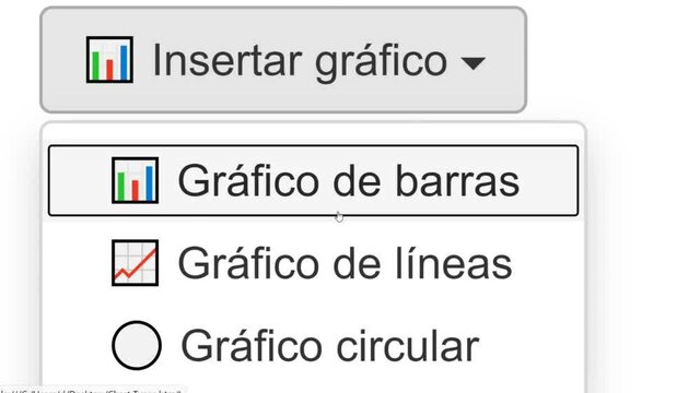 Spanish. Cursor Slides Over and Clicks Insert Bar Chart in Spreadsheet. Mouse Pointer on Device Computer Monitor Screen Clicking Add Column Graph on Worksheet File For Company Business Assignment