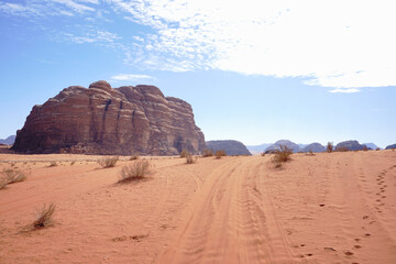 Fototapeta na wymiar An empty road and a red weathered sandstone relief mountain in the Wadi Rum desert, rare dry bushes grow on the sand, Jordan