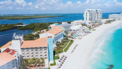 aerial view of an amazing caribbean beach with turquoise water in Cancun, Mexico