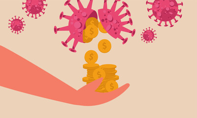Money and coronavirus in stock market concept. Business bargain during the pandemic crisis. Gold coins pouring from the virus into the hand of people vector illustration. Investment profit income