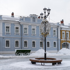 School street in winter. This is one of the pedestrian zones of Moscow, where the appearance of the city of the 19th century has been preserved. Part of the ensemble Rogozhskaya Yamskaya Sloboda