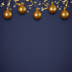 New Year and Christmas background for greeting cards and banners. Confetti, sparks and golden balls on a dark blue background. Vector illustration.