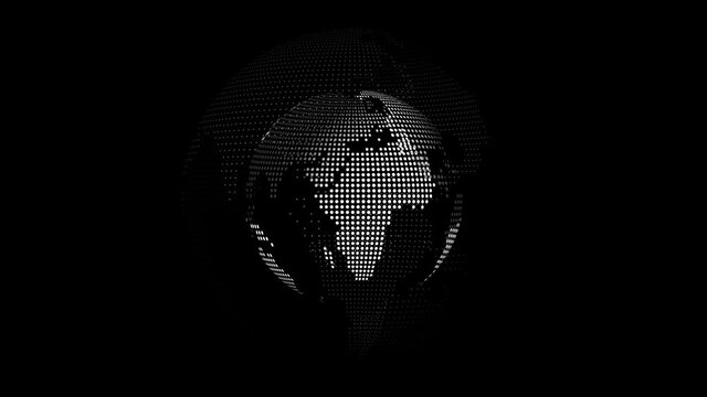The digital globe is spinning. Looping animation of an abstract rotating planet Earth in cyberspace. 
Abstract globe rotates in a loop on a black background. Digital information technology concept.