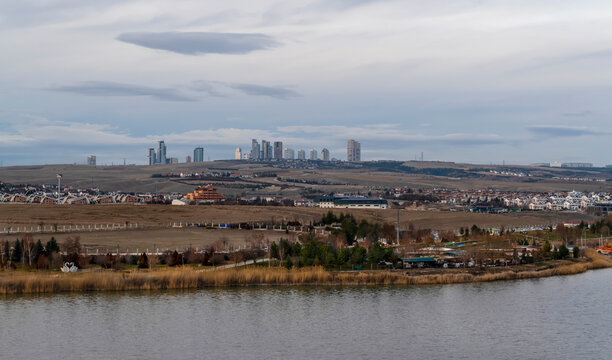 Ankara, Turkey - December 11 2021: Lake Mogan with golbasi city and Incek and Cankaya neighborhood in background in the fall autumn.