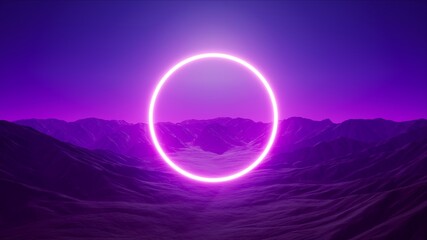 Neon Circle light logo frame in the Purple foggy mountain landscape background