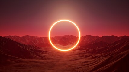 Circle light logo frame in the red foggy mountain landscape background © shufilm