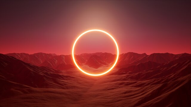 Circle light logo frame in the red foggy mountain landscape background