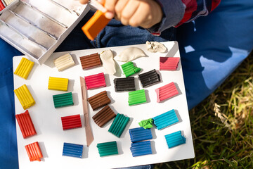 Preschooler concept, abacus and plasticine on picnic.