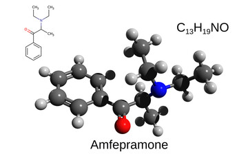 Chemical formula, structural formula and 3D ball-and-stick model of the stimulant drug amfepramone, white background 