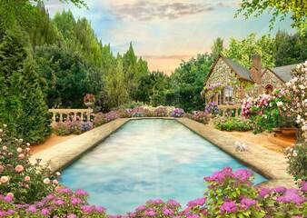 Park garden with flowers and a cozy house next to an artificial pond,hydrangeas, peonies,3d mural, digital wallpaper