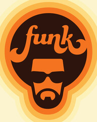 Funk colorful custom lettering music design with cool soul man illustration.
Vector design for funk or soul music with seventies retro style gradient colour letters