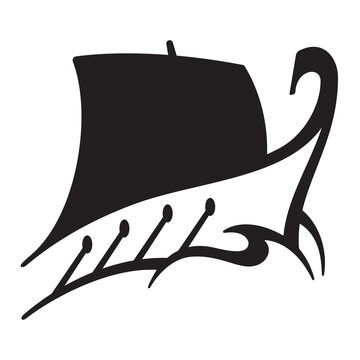 Historic ship vector logo or icon design with oars and sail.
Vector illustration of ancient Greek galley or Viking ship sailing through ocean waves.