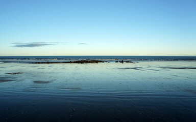 Seascape. The shore of the Irish Sea on a clear December evening.