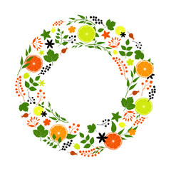 Vector round composition of leaves, berries, orange, lemon, lime, grapefruit