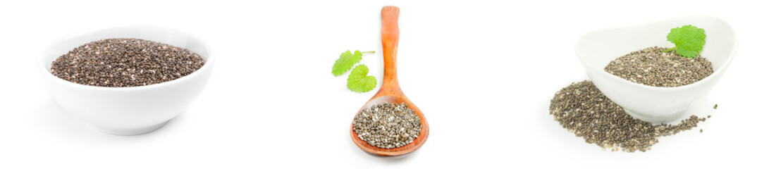 Collection of chia seeds over a white background