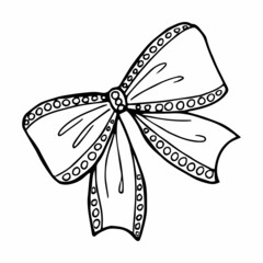 Hand-drawn tied bow in doodle style for different types of design. Black and white vector illustration.
