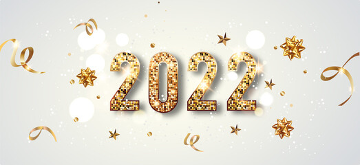 2022 Glittering New Year Card, Festive Sparkling Gold Background 