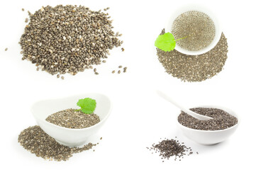 Collage of chia seeds isolated on a white background with clipping path