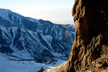 Majestic mountain peaks covered with snow (altitude: over 3200 meters). Ile Alatau, also spelt as...