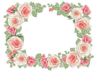 Obraz na płótnie Canvas Watercolor dusty rose frame,pink blush flower border,wedding arragement, bridal shower frame,Vintage realistic roses frame.