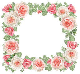 Fototapeta na wymiar Watercolor dusty rose frame,pink blush flower border,wedding arragement, bridal shower frame,Vintage realistic roses frame.