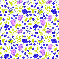seamless flowers pattern. on a white background. For use in digital, paper, textile, plastic production. To create modern fabric designs with pink, blue flowers with stem and curls