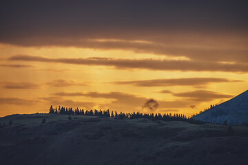 Atmospheric landscape with forest silhouette on silhouette of mountain on background of vivid orange dawn sky. Colorful nature scenery with sunset or sunrise of illuminating color. Sundown paysage.
