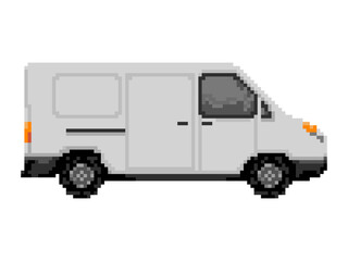Illustration of white cargo van in pixel art style