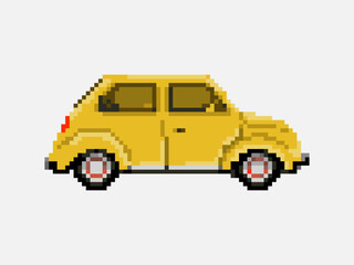 Illustration of yellow compact vintage car in pixel art style