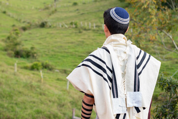 Jewish man praying with talit, kippah and tefillin in nature with beautiful green meadow in the...