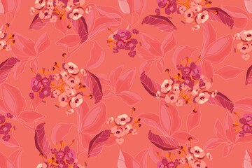 Vector floral pattern on coral color background.