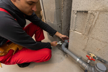 Builder handyman with construction tools. House renovation background.