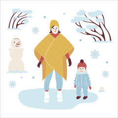 Mom and Baby on a Winter Walk in trendy outerwear Walking on park with a snowman, snowflakes and snowy trees. Nanny woman and Toddler. Vector illustration in flat style.