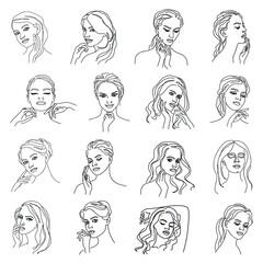 Collection. Silhouettes of a girl's head in a modern one line style. Continuous line drawing, aesthetic outline for home decor, posters, wall art, stickers, logo. Vector illustration set.
