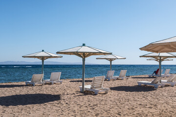 Fototapeta na wymiar wooden beach umbrellas and sun loungers by the red sea in bright sunny day