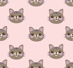 Cat vector pattern with hand drawn painted cat faces. Seamless print illustration for children