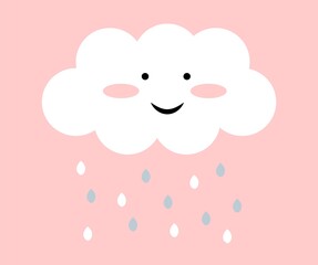 Cute Happy Cloud with Rain Drops, Print or Icon Vector Illustration