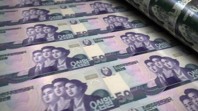 North Korea Won money banknotes printing roll machine loop. Paper KPW bank note print 3d looping seamless. Abstract concept of banking, debt, finance, economy and crisis.