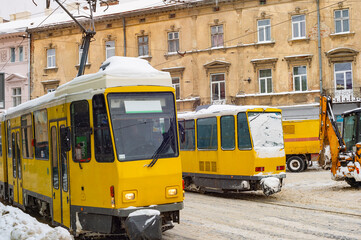 Snow collapse tramways snowplow Lviv
