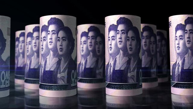 North Korea Won money rolls loop 3d animation. Camera moving in front of the KPW rolling banknotes. Seamless loopable concept of economy, finance, business and debt.