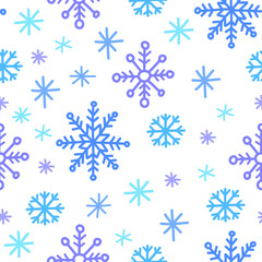Hand drawn blue snowflakes on white background. Vector seamless pattern.