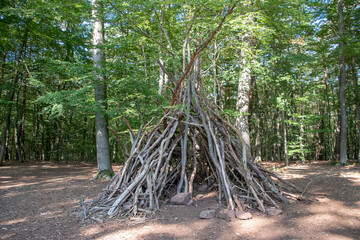 Landscape of teepee of twig branches in Wildpark in Kaiserslautern Germany
