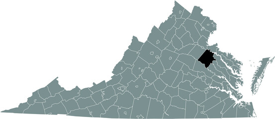 Black highlighted location map of the Caroline County inside gray administrative map of the Federal State of Virginia, USA