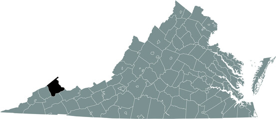 Black highlighted location map of the Buchanan County inside gray administrative map of the Federal State of Virginia, USA