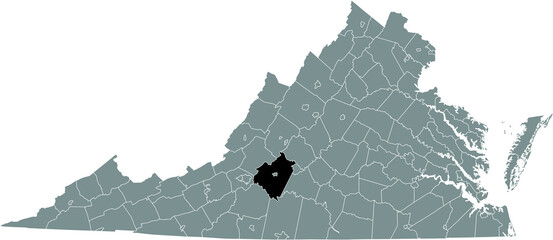 Black highlighted location map of the Bedford County inside gray administrative map of the Federal State of Virginia, USA