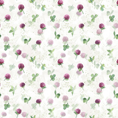 Watercolor botanical seamless pattern meadow wildflowers Clover. Hand drawn lilac flowers, natural elements on dark background. For t-shirt print, wear fashion design, linens, wallpaper, textile.