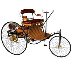 Benz Patent-Motorwagen. 3D Rendering of the first recognized automobile with an internal combustion engine, designed and manufactured by Karl Friedrich B. in 1885,